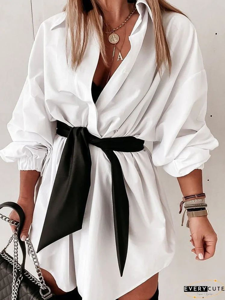 Dresses Letter Print Belted Long Sleeve Shirt Dress for Women