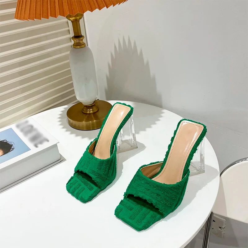 Qengg MCCKLE Women's Slippers Square Toe Towel Thin High Heels Ladies Shoes 2022 Summer New Sexy Female Slipper Party With Clutch Bags