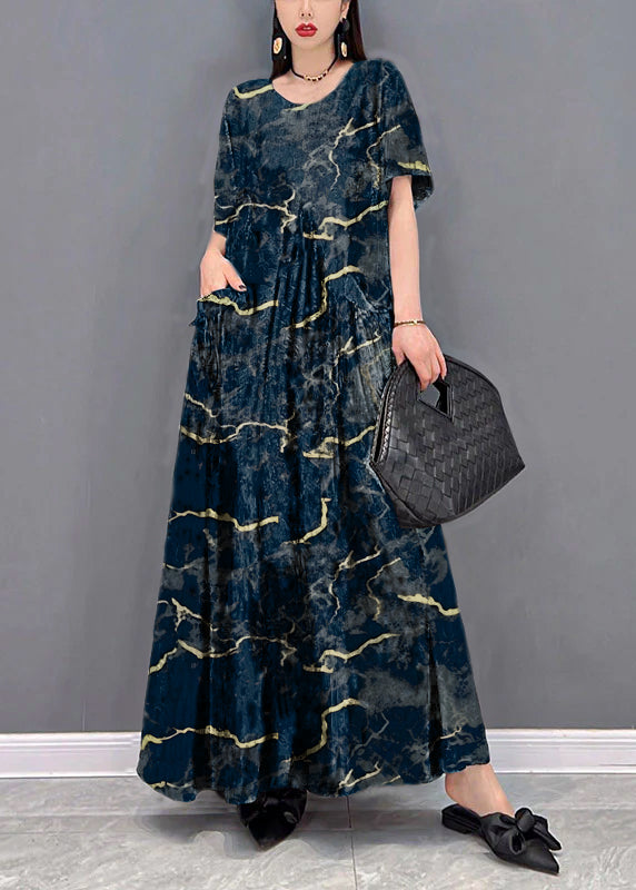 VCSHOES Blue geometry O-Neck Print Pockets Long Dresses Short Sleeve