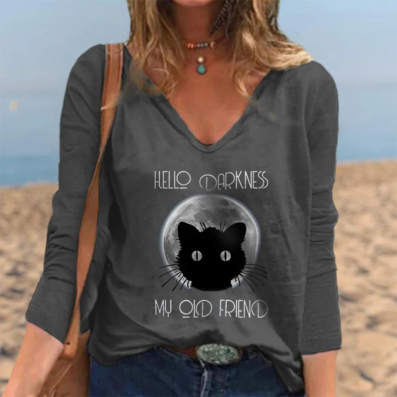 Hello Darkness My Old Friend Black Cat Printed T-shirt