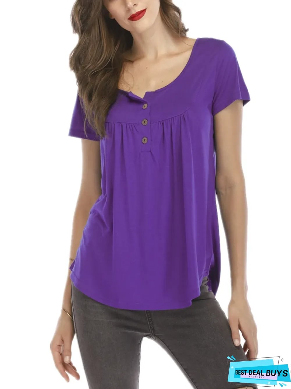 New Women's Pleated Button Loose Short Sleeve T-Shirt