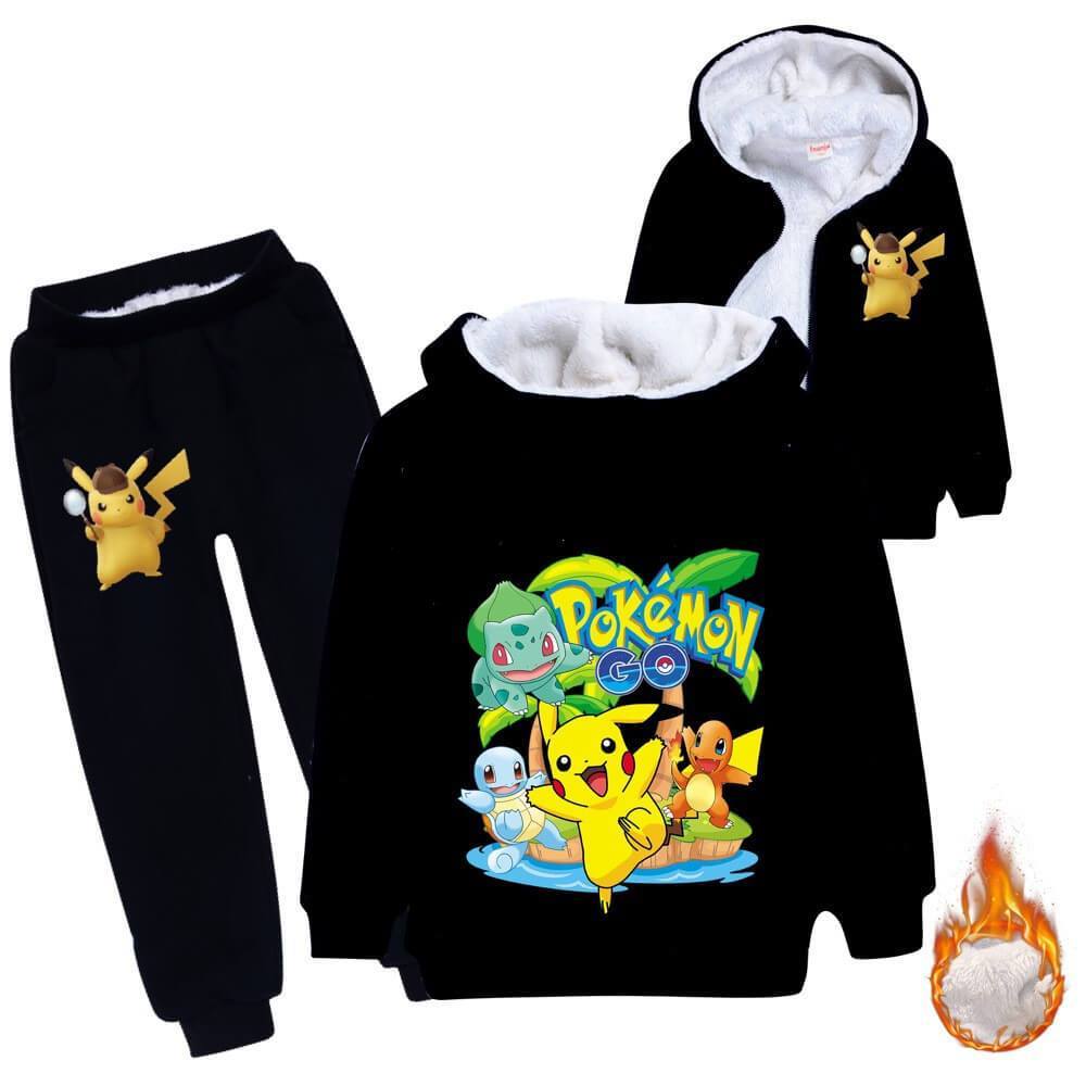 Mayoulove Pikachu Print Girls Boys Fleece Lined Cotton Hoodie N Sweatpants Suit-Mayoulove