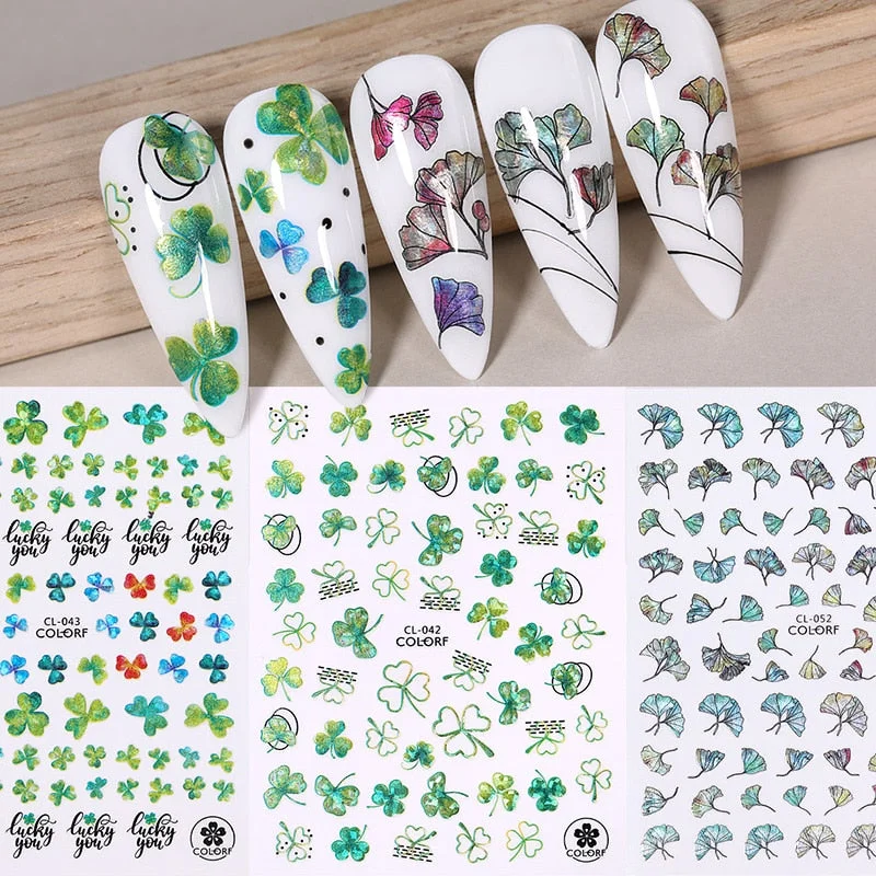 1PC 3D Nail Stickers Fan Leaf Dried Flower Shiny Sliders Nail Art Decorations Lucky Clover Pattern Foil Nail Art Manicure-Nail Inspo