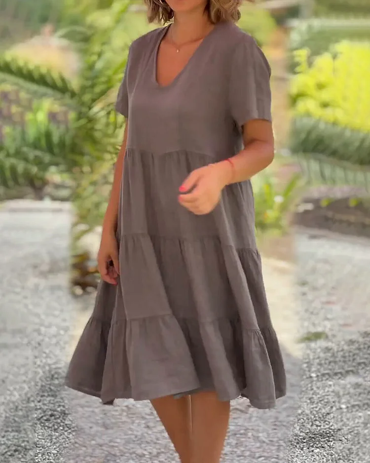 Cotton Linen V-Neck Solid Color Dress