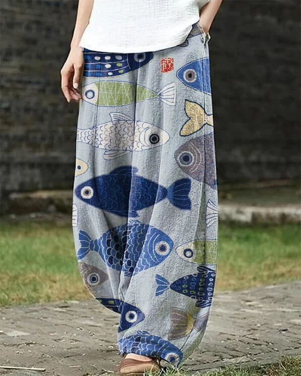 Vintage Japanese Saury Art Print Loose Pants