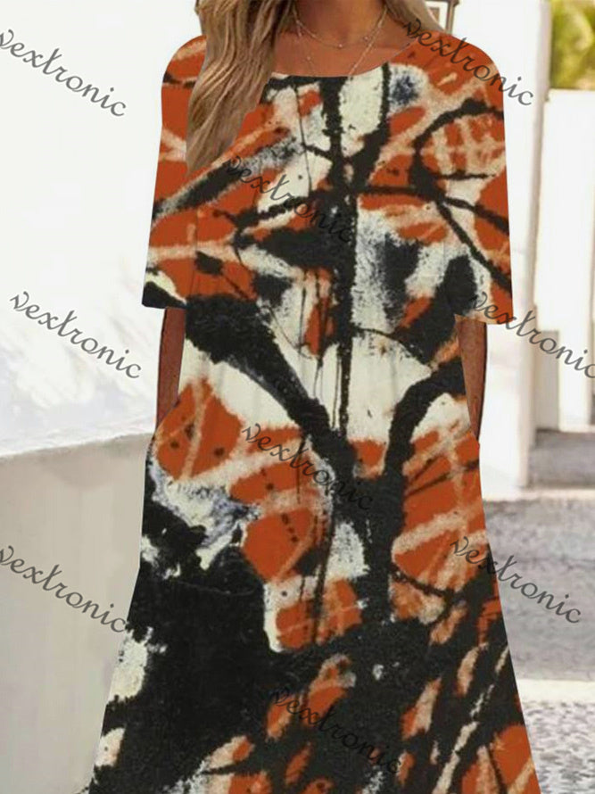 Women's Short Sleeve Scoop Neck Orange Graphic Midi Dress