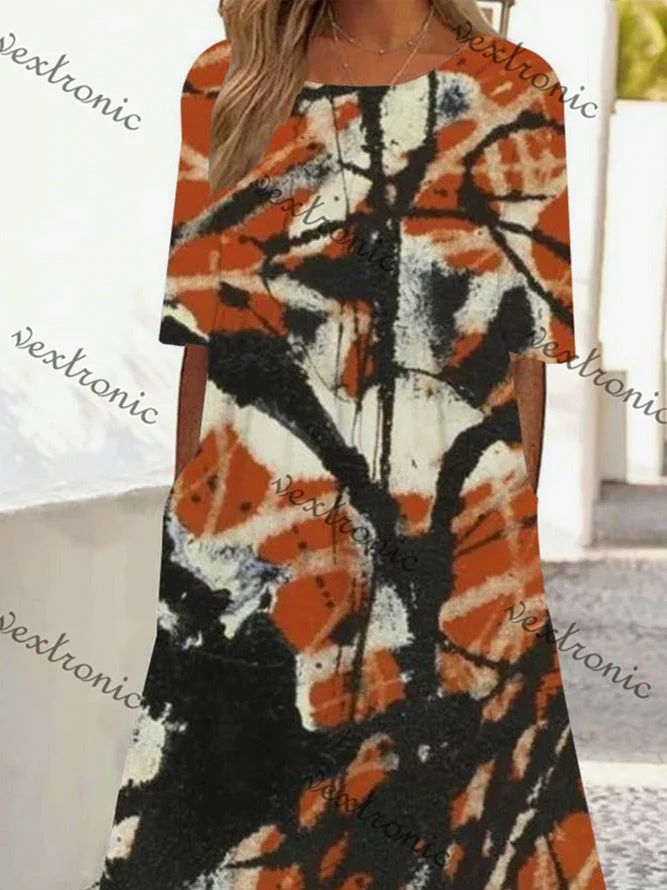 Women's Short Sleeve Scoop Neck Orange Graphic Midi Dress