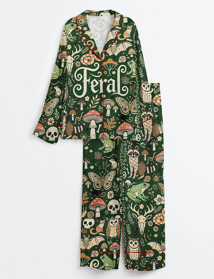 Women&rsquo;s Feral Goblincore Cute Skeleton Moss & Raccoon Nature Lover Long Sleeve Satin Pajama Set