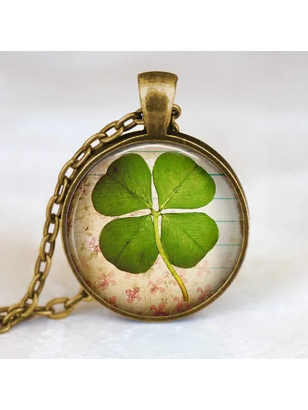 Four Leaf Clover New Time Gemstone Glass Pendant Necklace