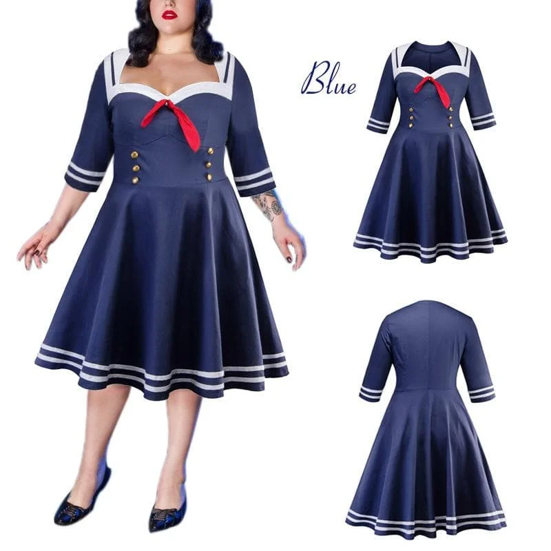Navy Plus Size Vintage Sailor Bow Dress SP13867R