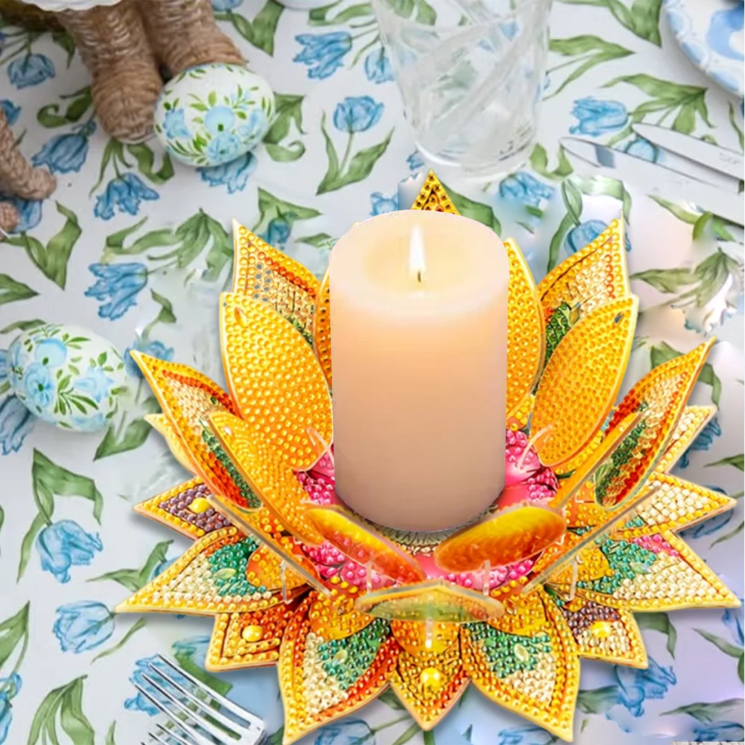 5D DIY Diamond Art Painting DIY Acrylic Desktop Ornament Flower Candle Holders Tealight Handmade Home Office Decor for Adults Beginners (Yellow Lotus)