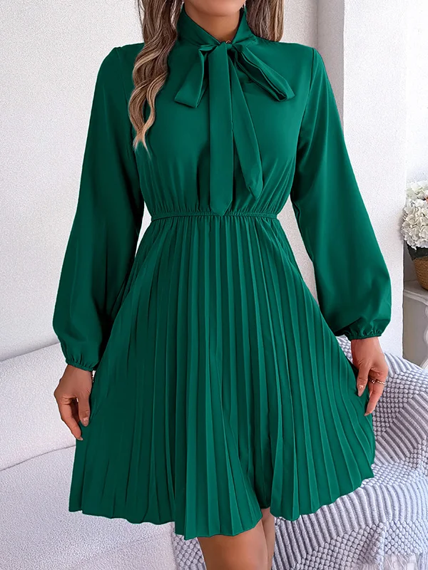 Long Sleeves Loose Pleated Solid Color Tied Mock Neck Mini Dresses