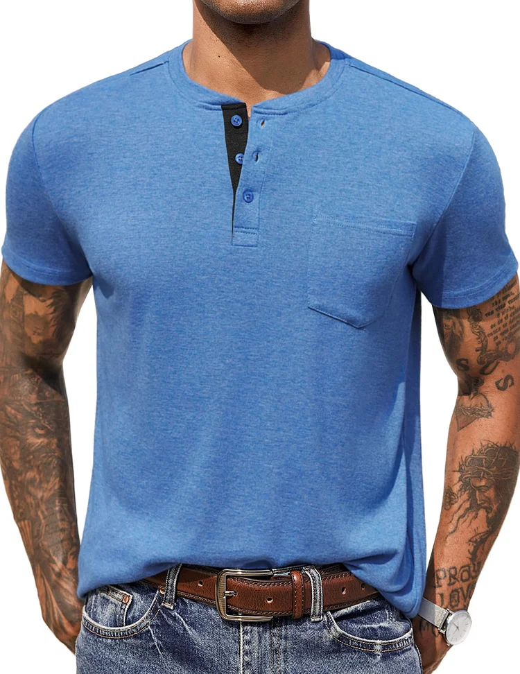 Men Casual Henley Shirt Short Sleeve Summer Basic T Shirt Pocket Soild Button Tee Top