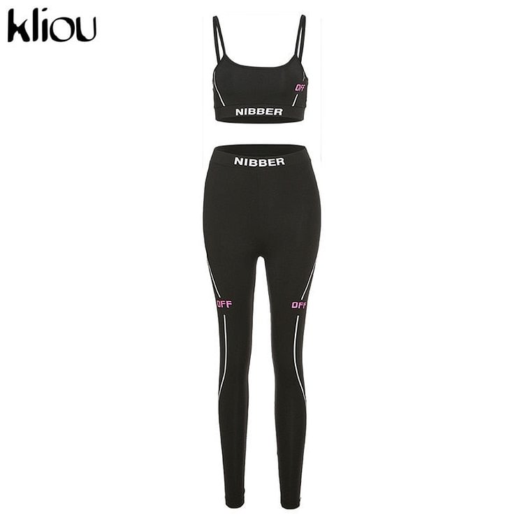 Kliou letter print tracksuit women fitness casual two piece set sporty sleeveless tank top+striped leggings fashion active wear - BlackFridayBuys