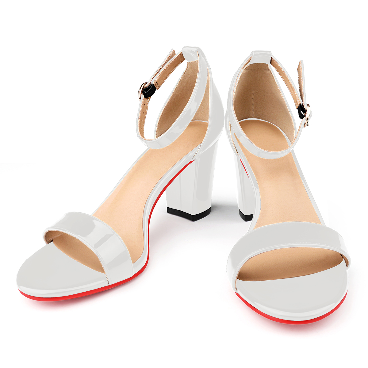 90mm Women's Chunky Heel Sandals Red Bottom High Heels Open Toe Ankle Strap Shoes-MERUMOTE