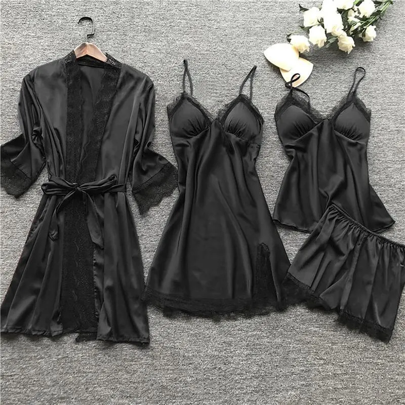 Churchf Midnight Charm Sexy Pajamas_Pyjamas Summer Sexy Pajamas Four-Piece Korean Version Of Sling Women With Breast Pad 490