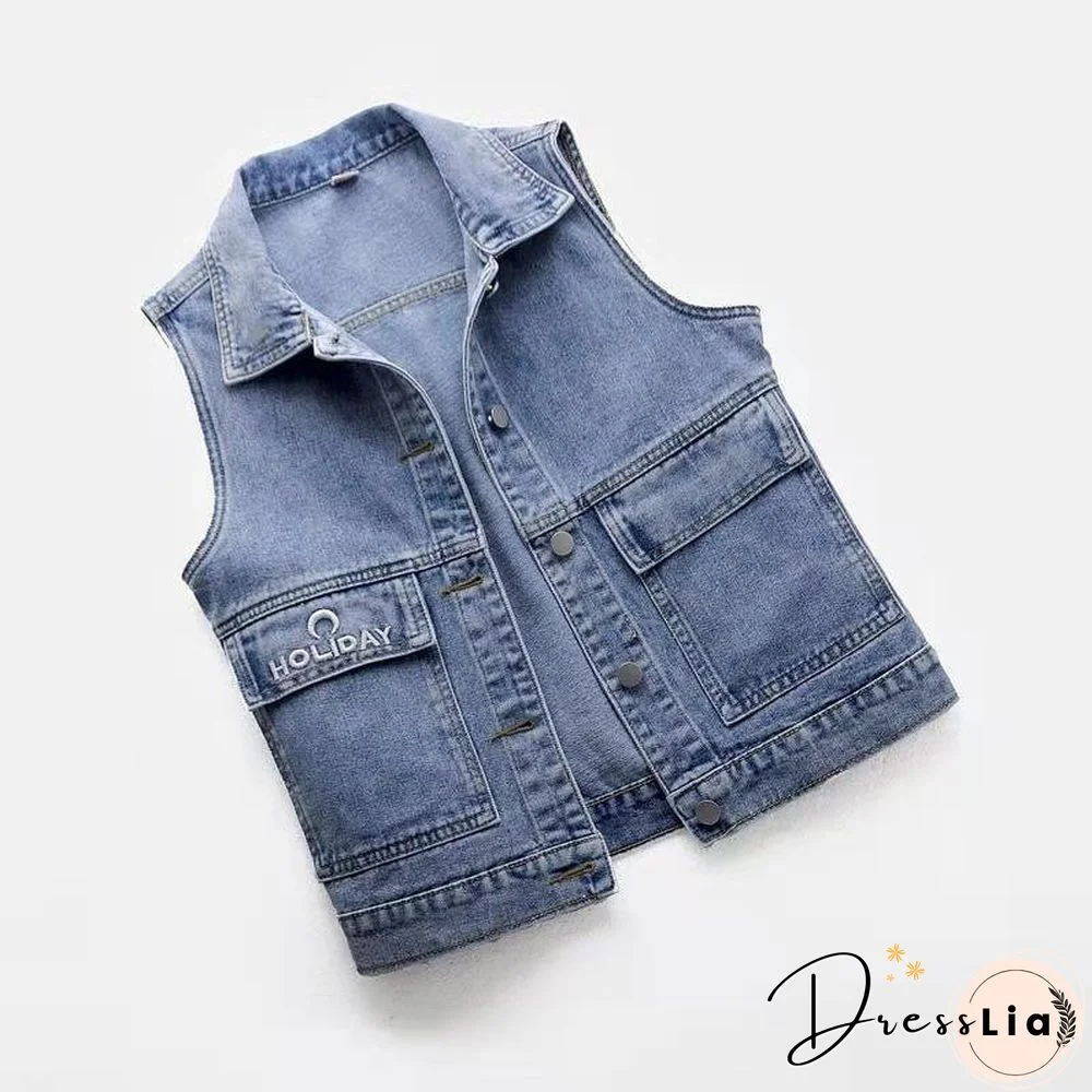 Women's Vest Big Pocket Jean Top Plus Size Spring Summer Waistcoat Blue Turn-down Collar Loose Denim Sleeveless Jacket Woman