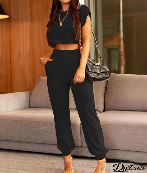 Women Solid Color Short Sleeve Top and Pant Two-Piece Set