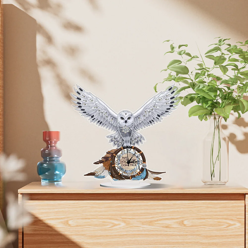 DIY White Owl Special Shape Acrylic Diamond Painting Clock Art Craft