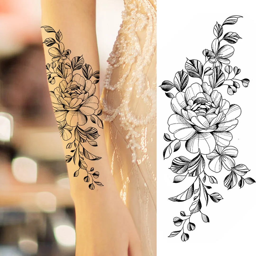 Sdrawing Peony Flower Moon Temporary Tattoos For Women Adult Rose Daisy Crown Fake Tattoo Fashion Washable Half Sleeve Tatoos