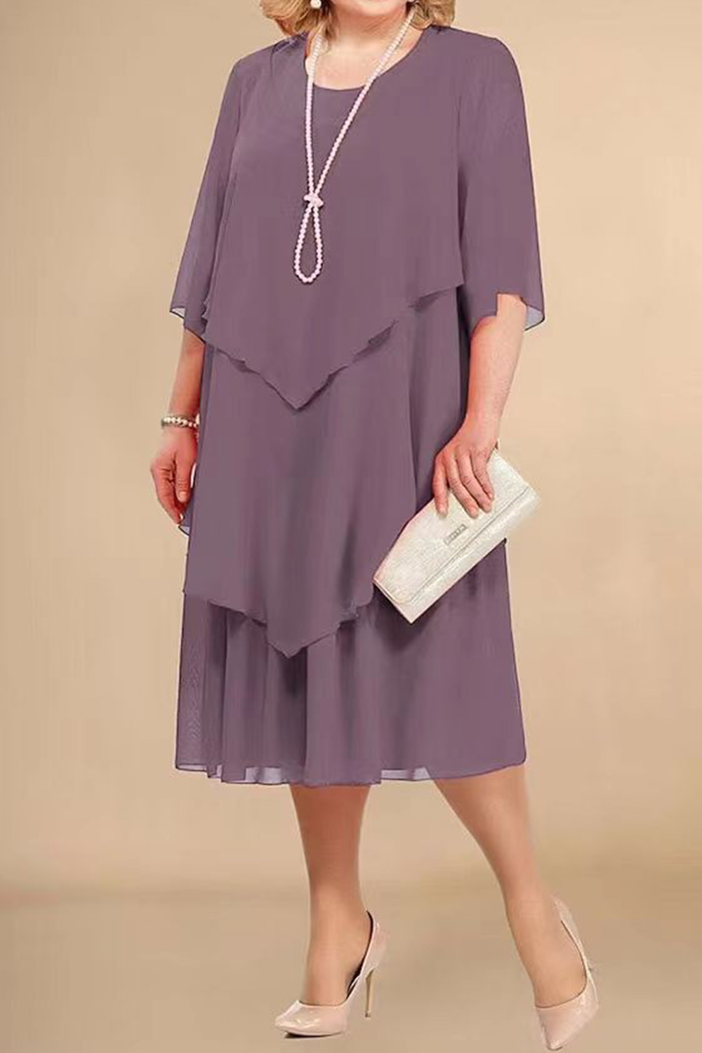 Plus Size Mother Of The Bride Light Purple Chiffon Half Sleeve Layered Midi Dress 2024 - Flycurvy 