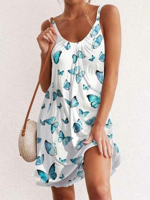Butterfly Print Slim Beach Suspender Dress