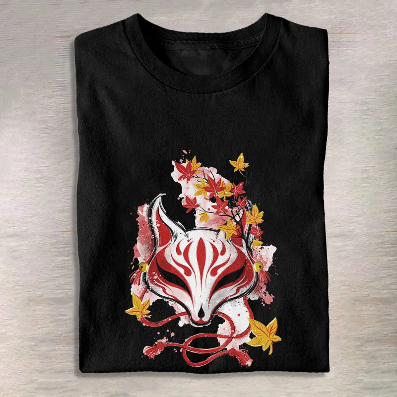 Japanese Fox Mask Print Short Sleeved T-Shirt