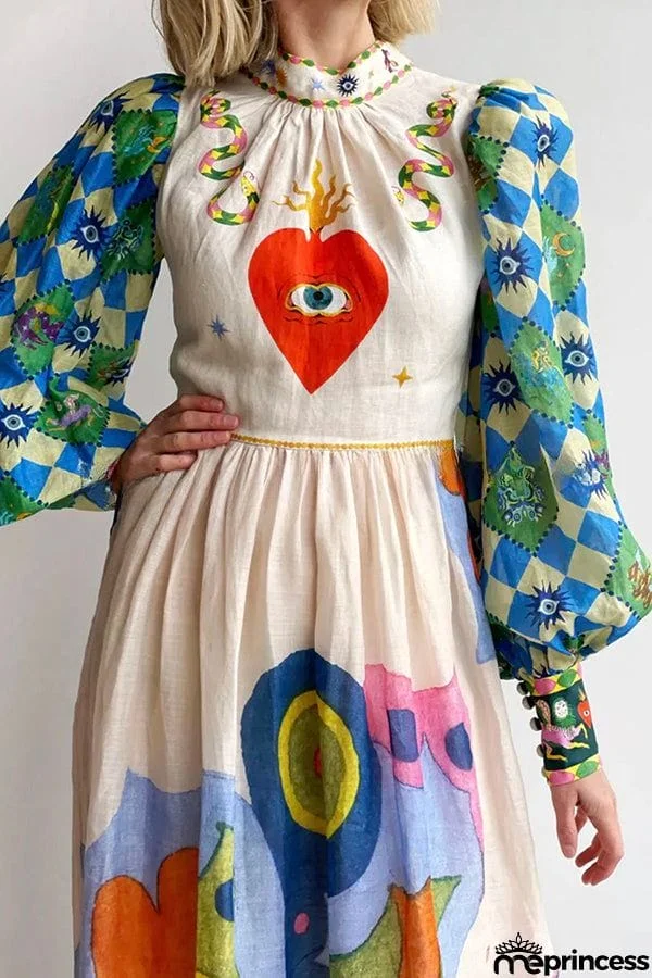 Dear To My Heart Unique Print Lantern Sleeve A-line Midi Dress