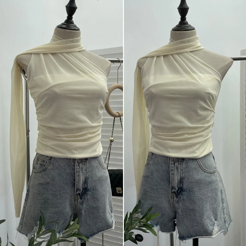 Churchf Real Shooting Mesh Ribbon Hanging Neck Folded Sleeveless Top Babes Two-Wearing Design Wrapping Bras 1125