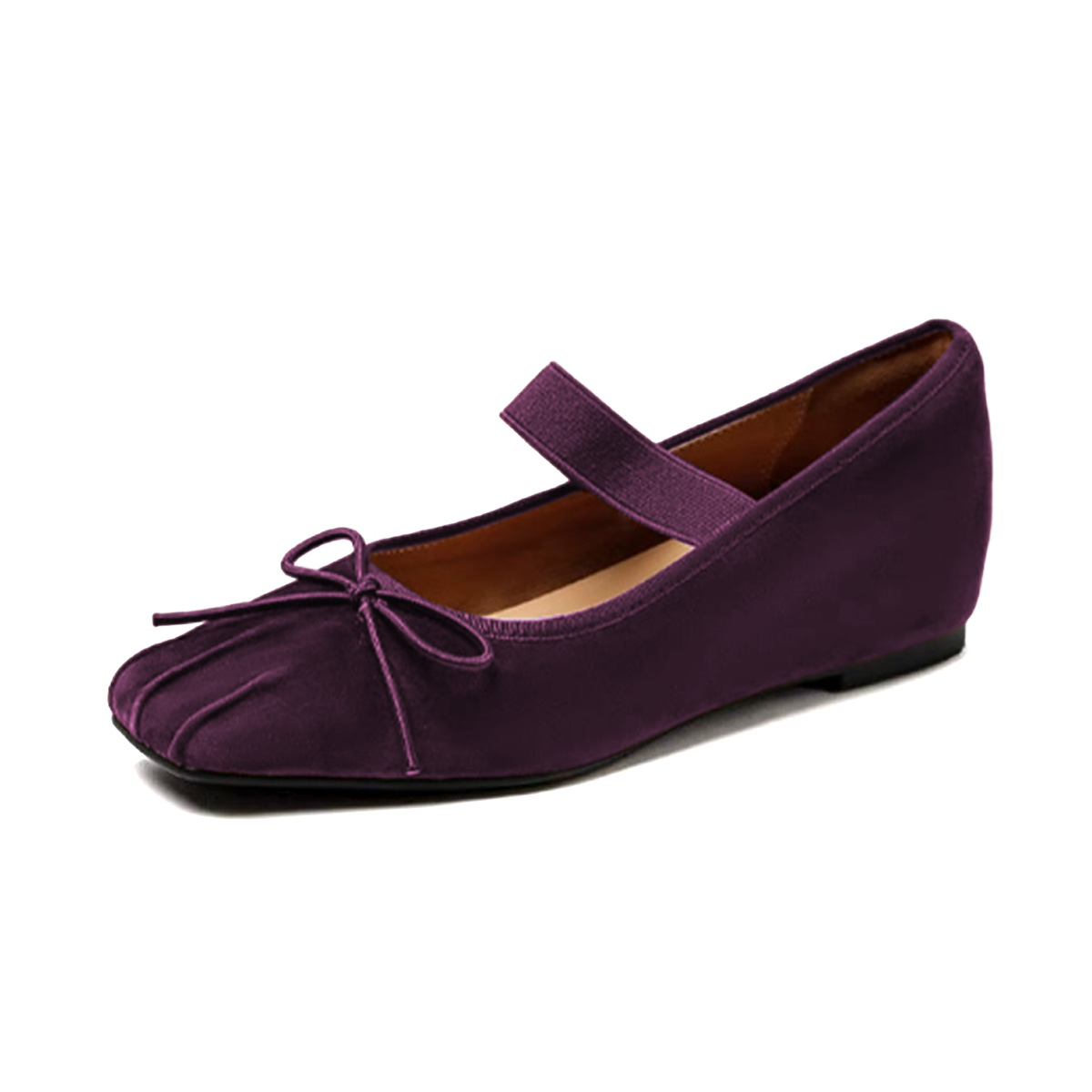 Dark Purple Vegan Suede Square Toe Ballet Flats with a Strap Nicepairs