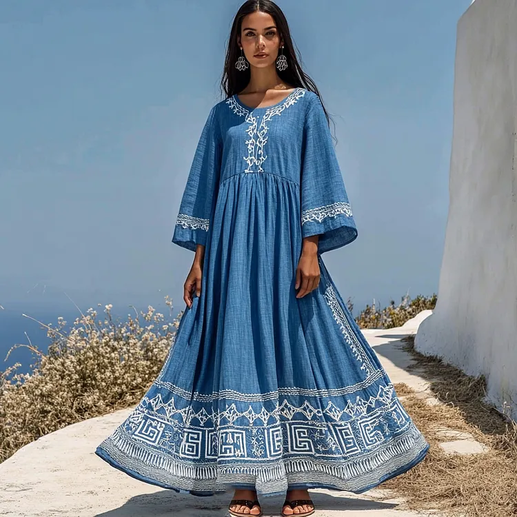 Vintage Classic Greek Key Round Neck Linen Blend Maxi Dress