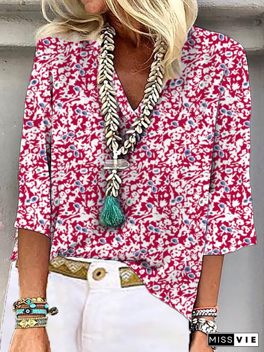 V Neck Floral Casual Tops