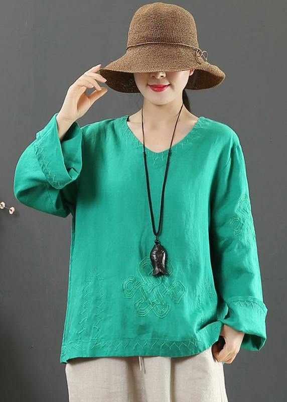 VCSHOES V Neck Embroidery Spring Tops Women Neckline Green Shirt