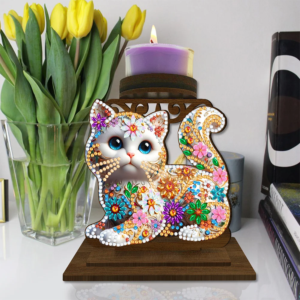 5D DIY Kitten Desktop Diamond Painting Art Candle Holder Home Decor 