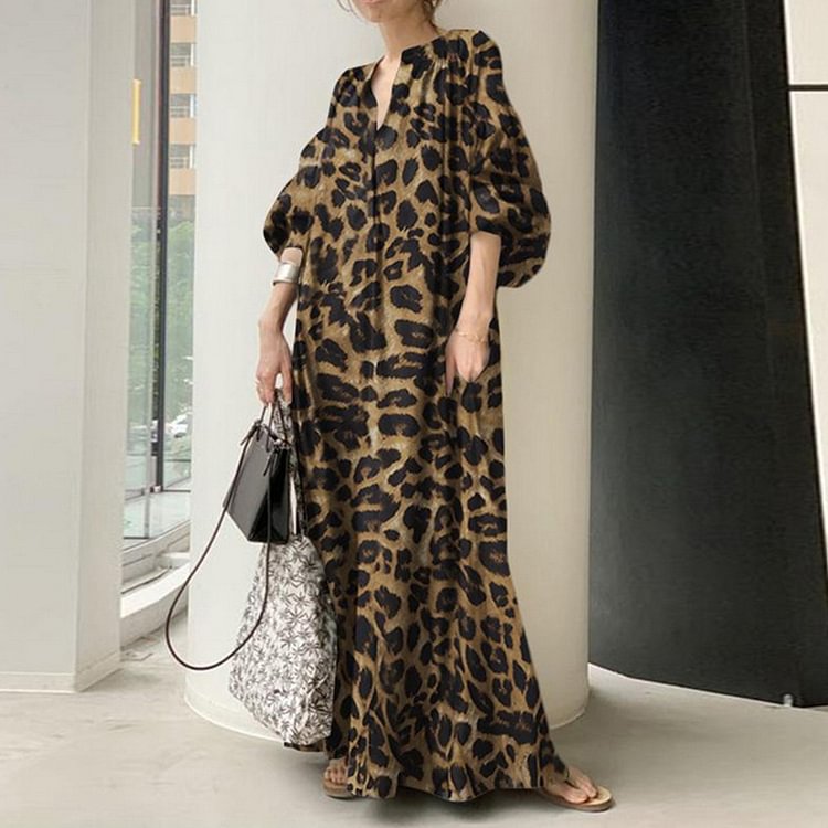 Lantern Sleeve Leopard Maxi Dress
