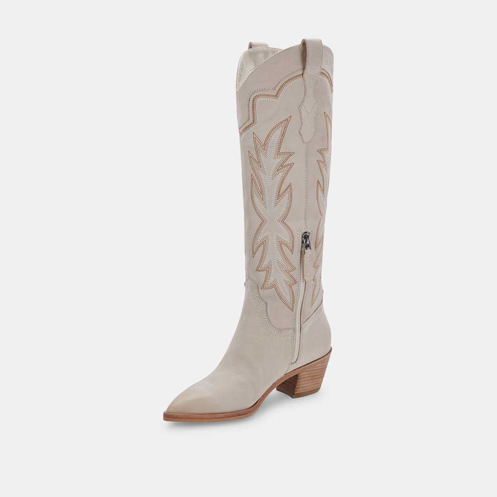 Beige Pointed Toe Chunky Heel Embroidered Knee High Cowgirl Boots Nicepairs