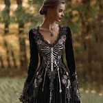 Vintage Skeleton Pink Roses Embroidered Velvet Maxi Dress - Image 2