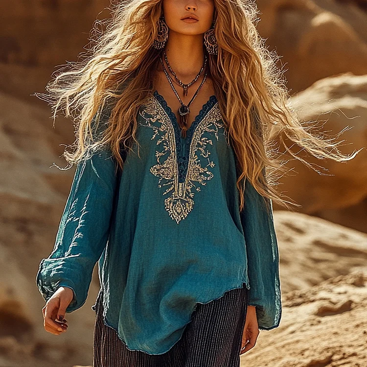 Desert Style Holiday Bohemian Vintage Linen Casual Top