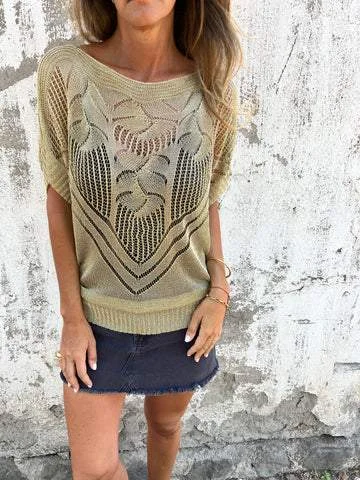 Crew-neck Knit Hollow-out Pattern Short-sleeved Top