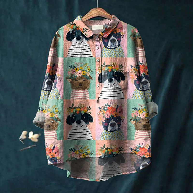 Art Flower Dog Print Lapel Loose Shirt wearshes