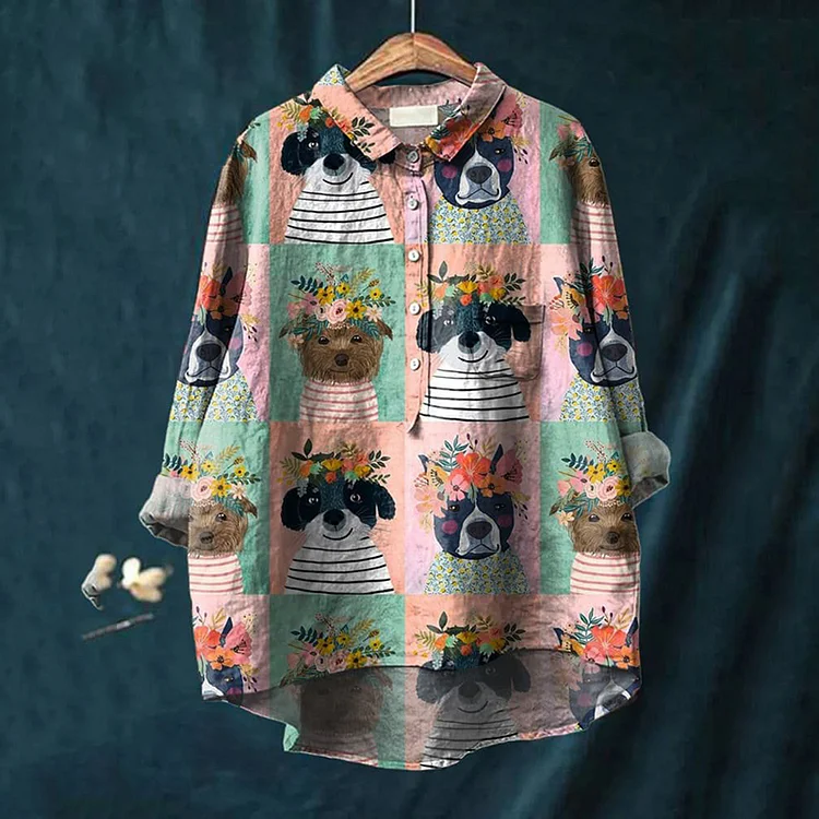 Art Flower Dog Print Lapel Loose Shirt