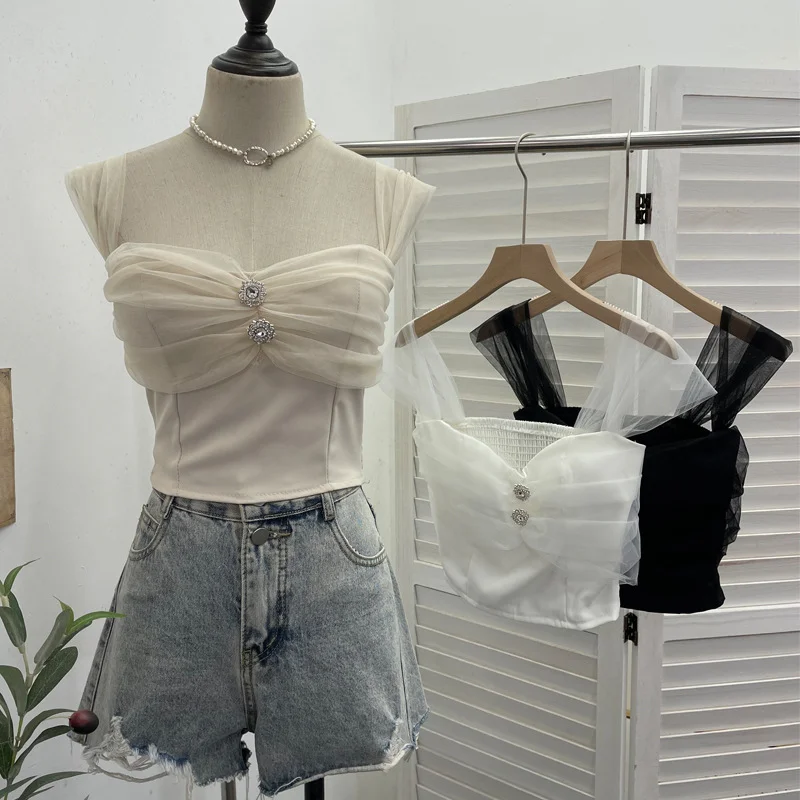 Nigikala Nigikala Shooting Net Red Pure Lust Folding Net Yarn Splicing Sling Sling Vest Bratie Short Sleeveless Top 8039