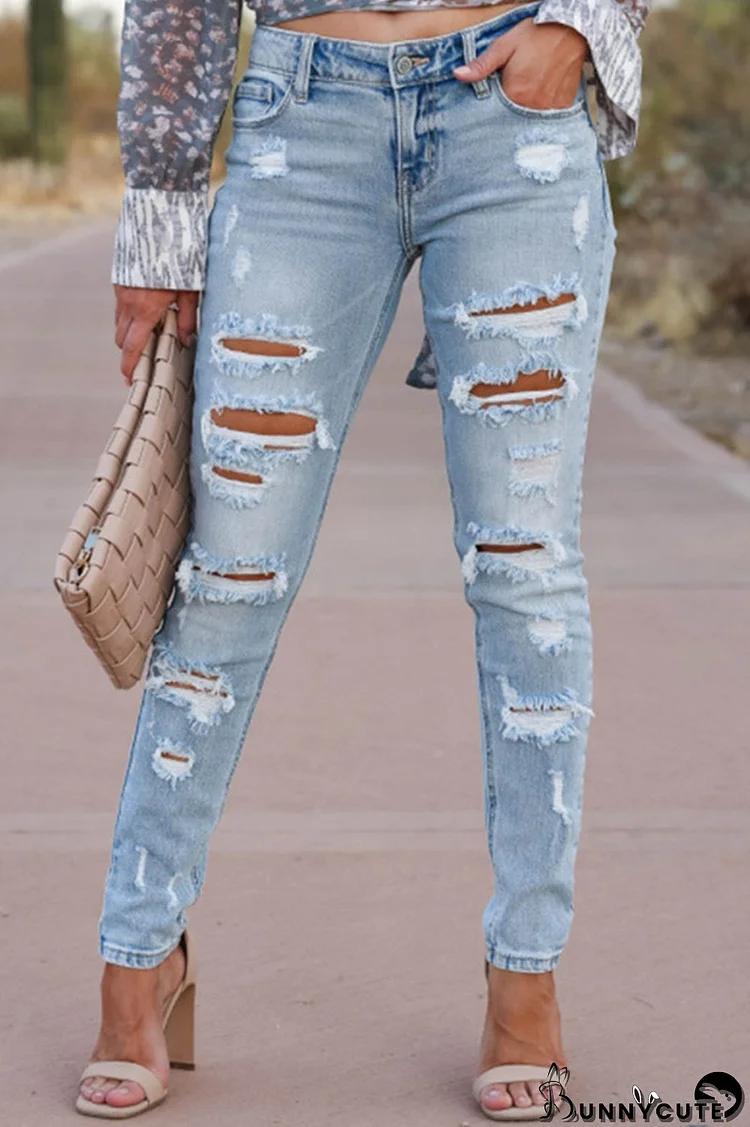 Light Color Fashion Casual Solid Ripped Mid Waist Regular Denim Jeans