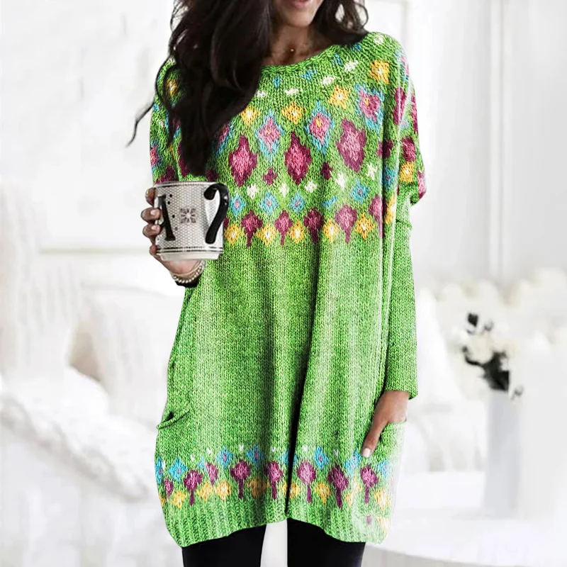 Fairman Island Geometric Contrast Pocket Mid Length Sweater