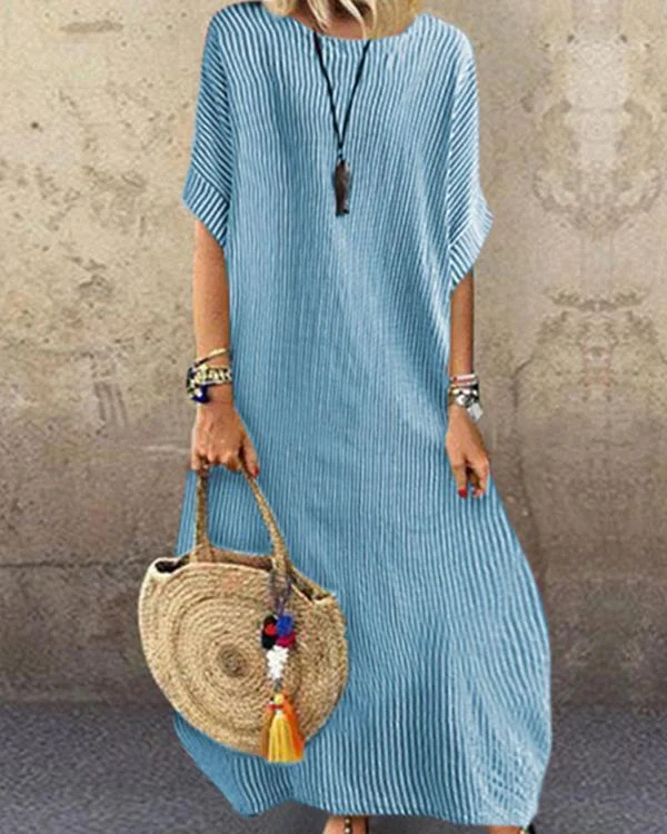 fashion striped round neck holiday casual half sleeve dress p120660