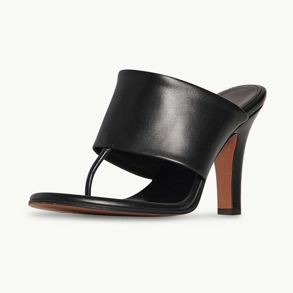 Black Vegan Leather Open Round Toe Chunky Heel Mules Shoes Nicepairs
