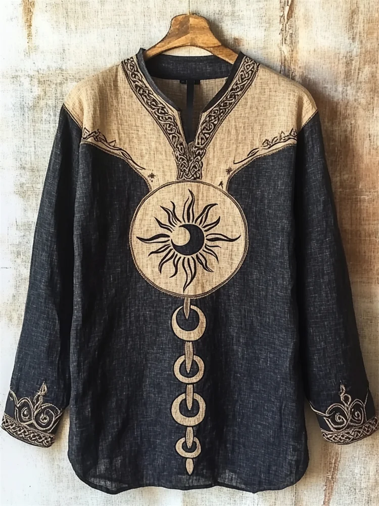 Men's Retro Moon Totem Celtic Contrast Linen Shirt