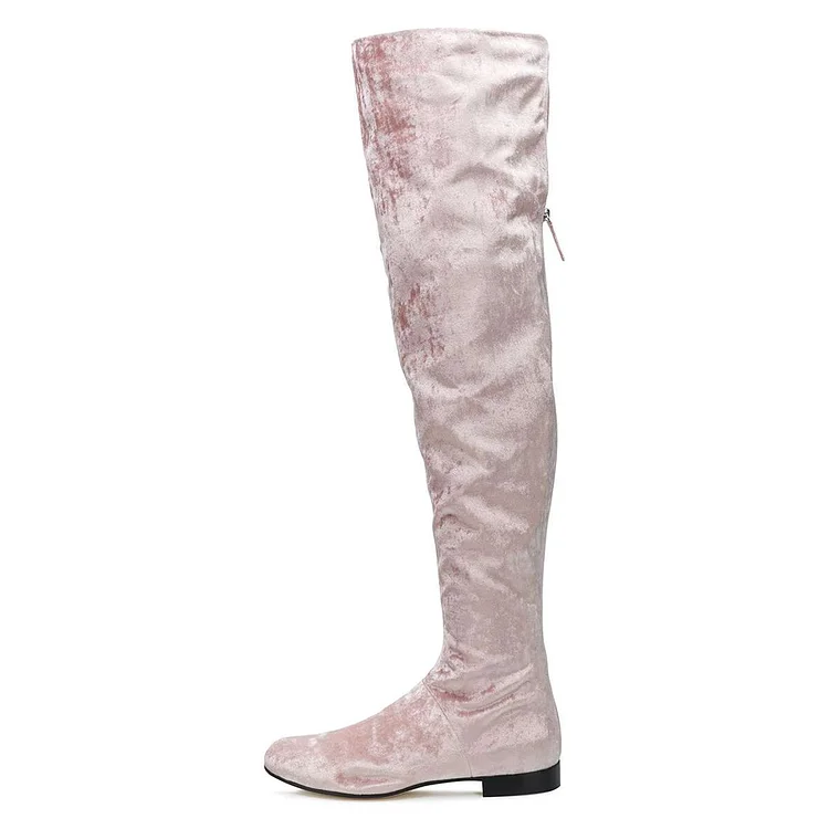 Light Pink Velvet Round Toe Flat Over-the-Knee Boots |FSJ Shoes