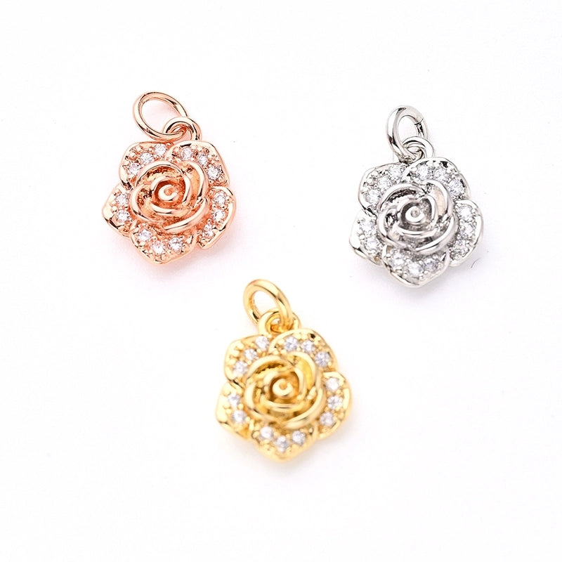 1Pc/Package 10.5x9mm Hole 2~2.9mm Copper Zircon Rose Gold Plated White Gold Plated Gold Plated Rose Flower Polished Pendant
