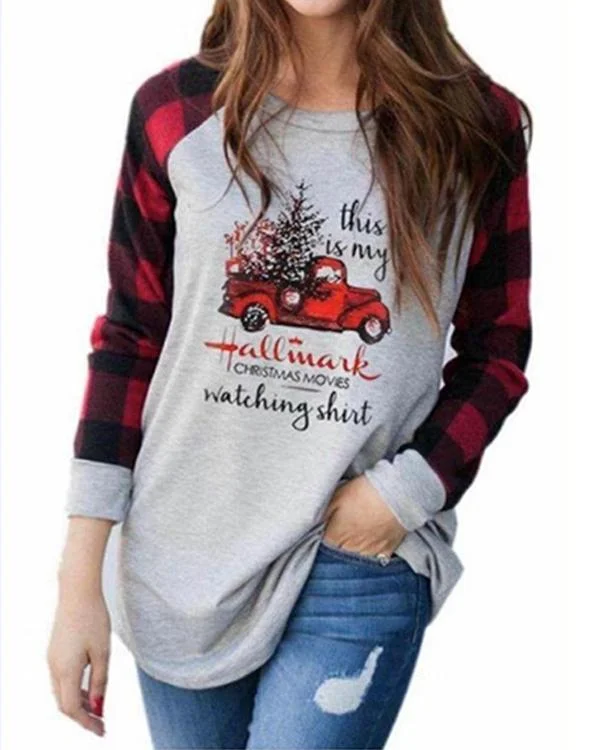Casual Plus Size Christmas Cotton Blend Plaid Shirt & Top